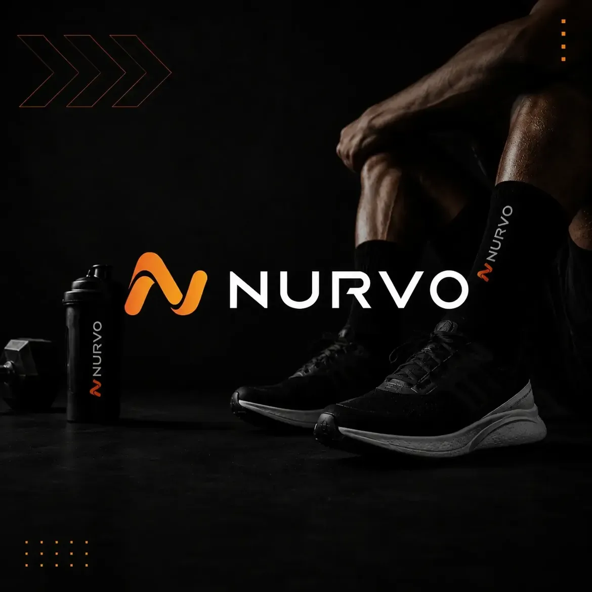NURVO fitness brand lockup over dark athletic lifestyle photography with socks, shoes, and shaker bottle