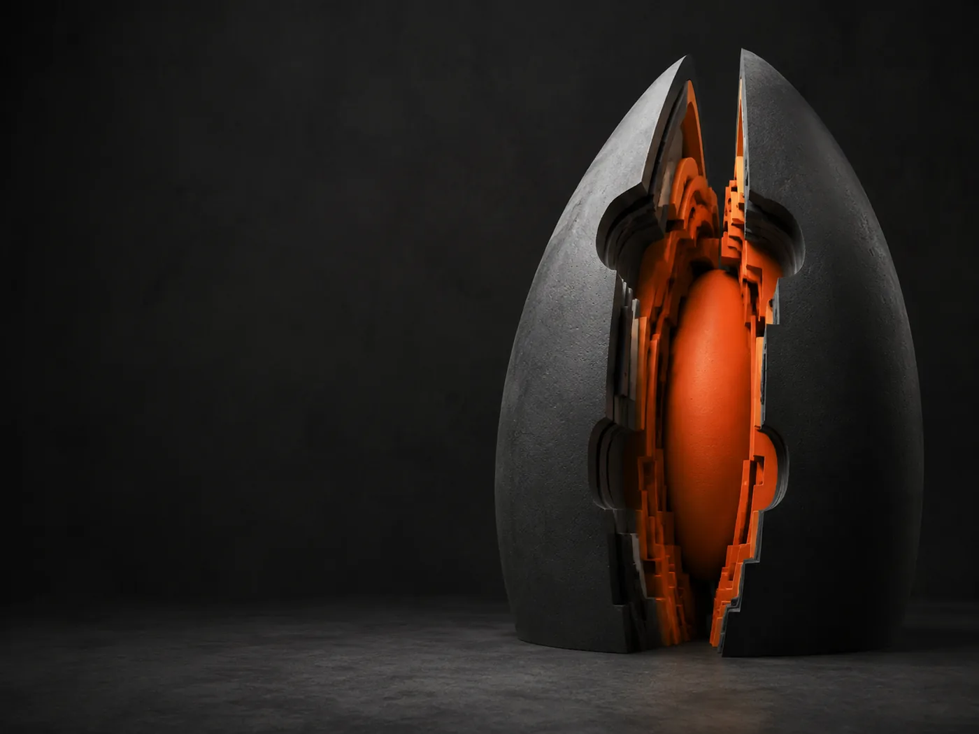 Dark sculptural form opening to reveal an orange core for the Understand step